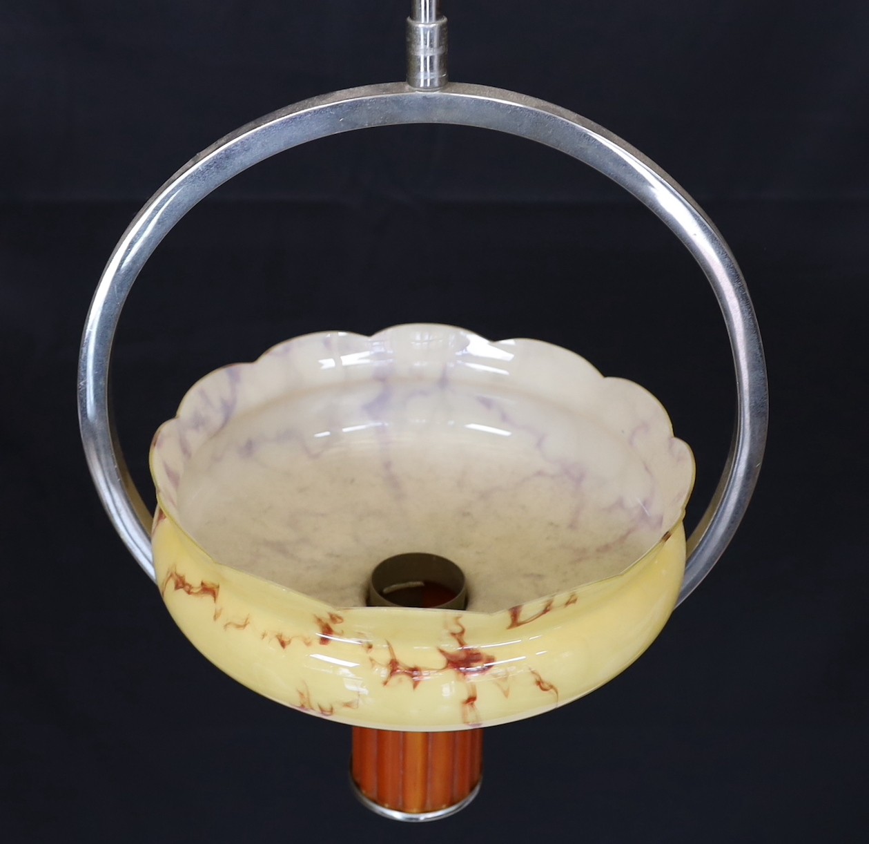 A 1930s English nickel plated, bakelite and marbled glass light fitting, height 66cm